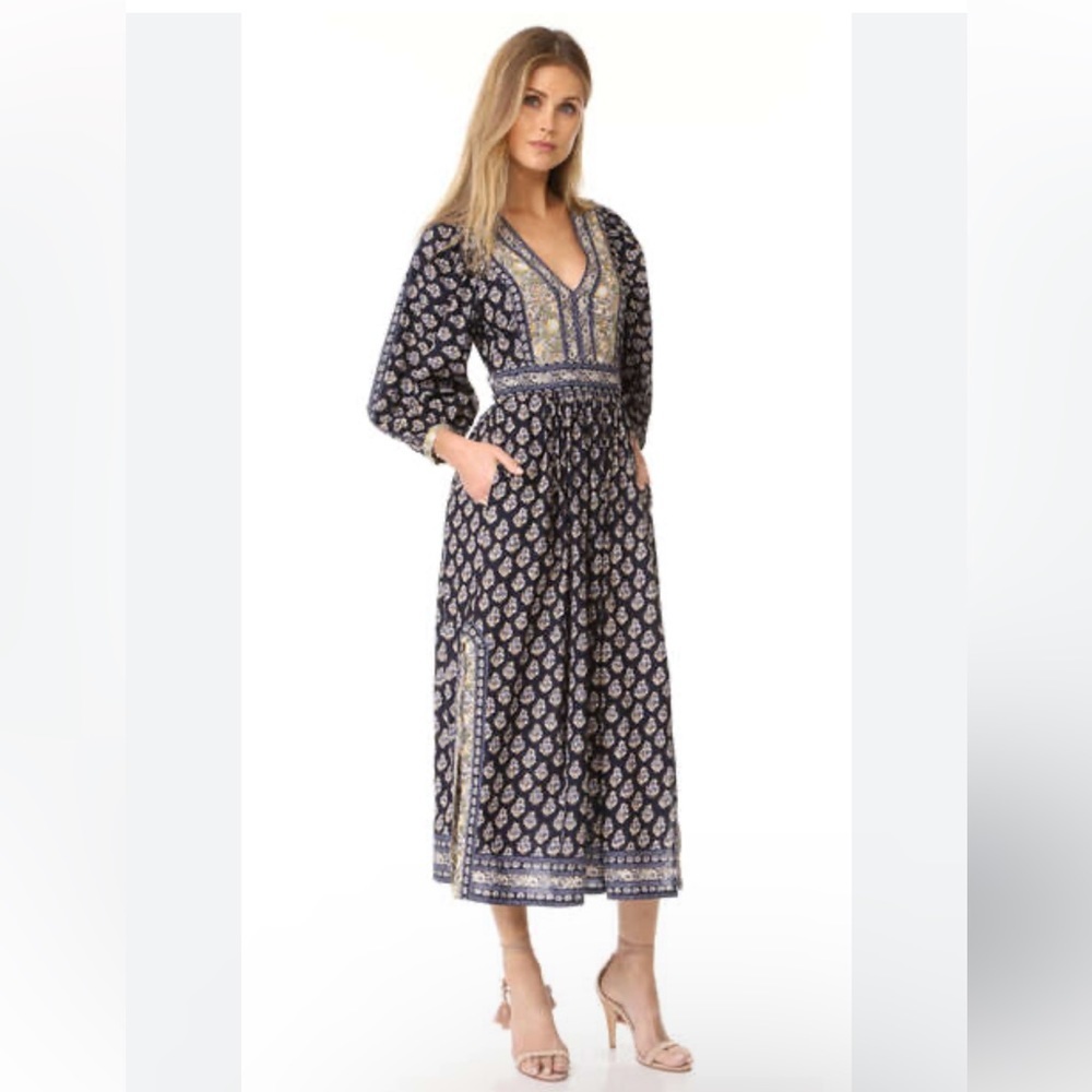 La Vie Rebecca Taylor Womens Long Sleeve Navy Indienne Midi Dress Boho Festival